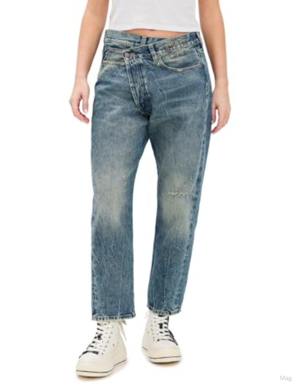 R13 High Rise Crossover Skinny Jeans Heavyweight Denim